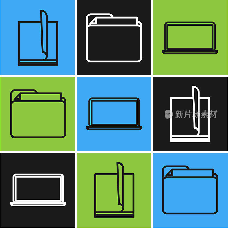 Set line File document, Laptop and Document folder icon. Vector